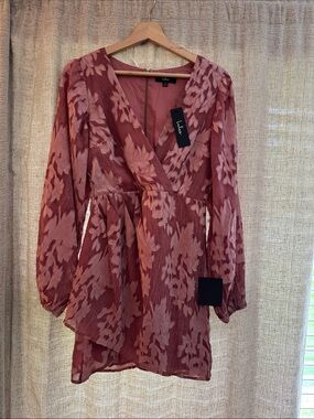 Lulu's Dusky Rose Floral Surplice Long Sleeve Dress